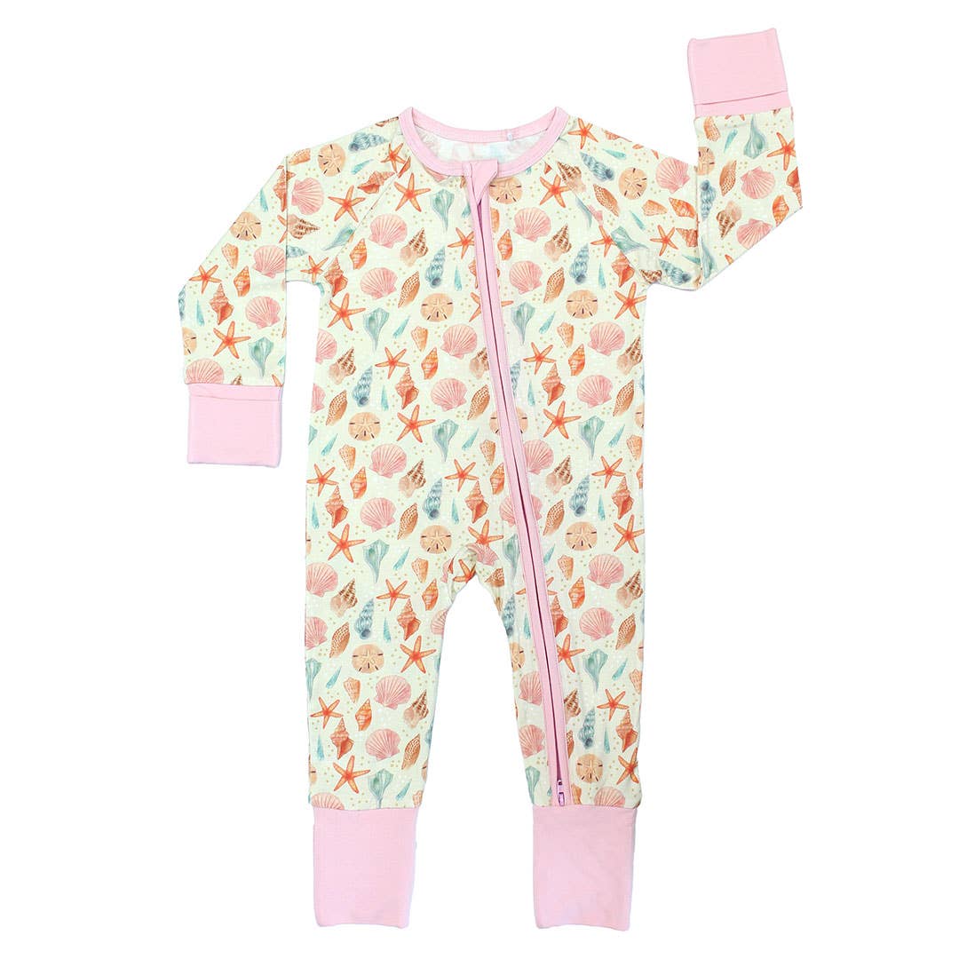 Sandy Seashells Beachy Bamboo Convertible Baby Pajamas: Beige/Multi / 6-12M