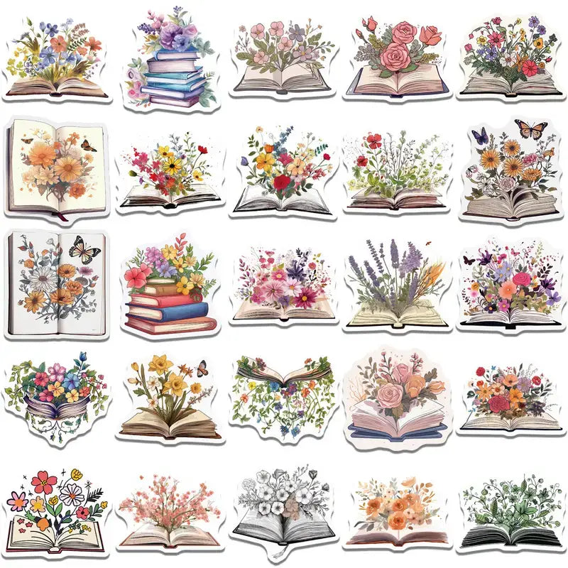 Whimsical Books and Flower Graffiti Stickers, Enchanting: 10 Stickers