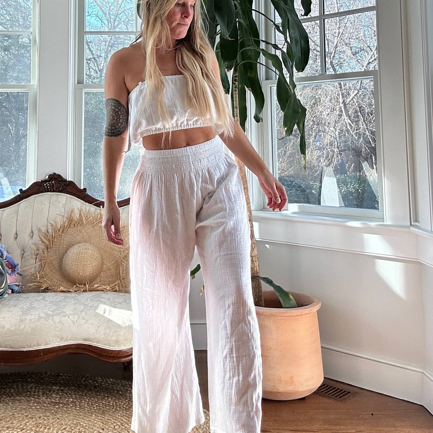 Cotton Wide Leg Beach Pants: S