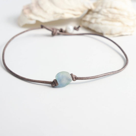 Recycled Sea Glass Leather Choker Necklace: 20" / Assortment