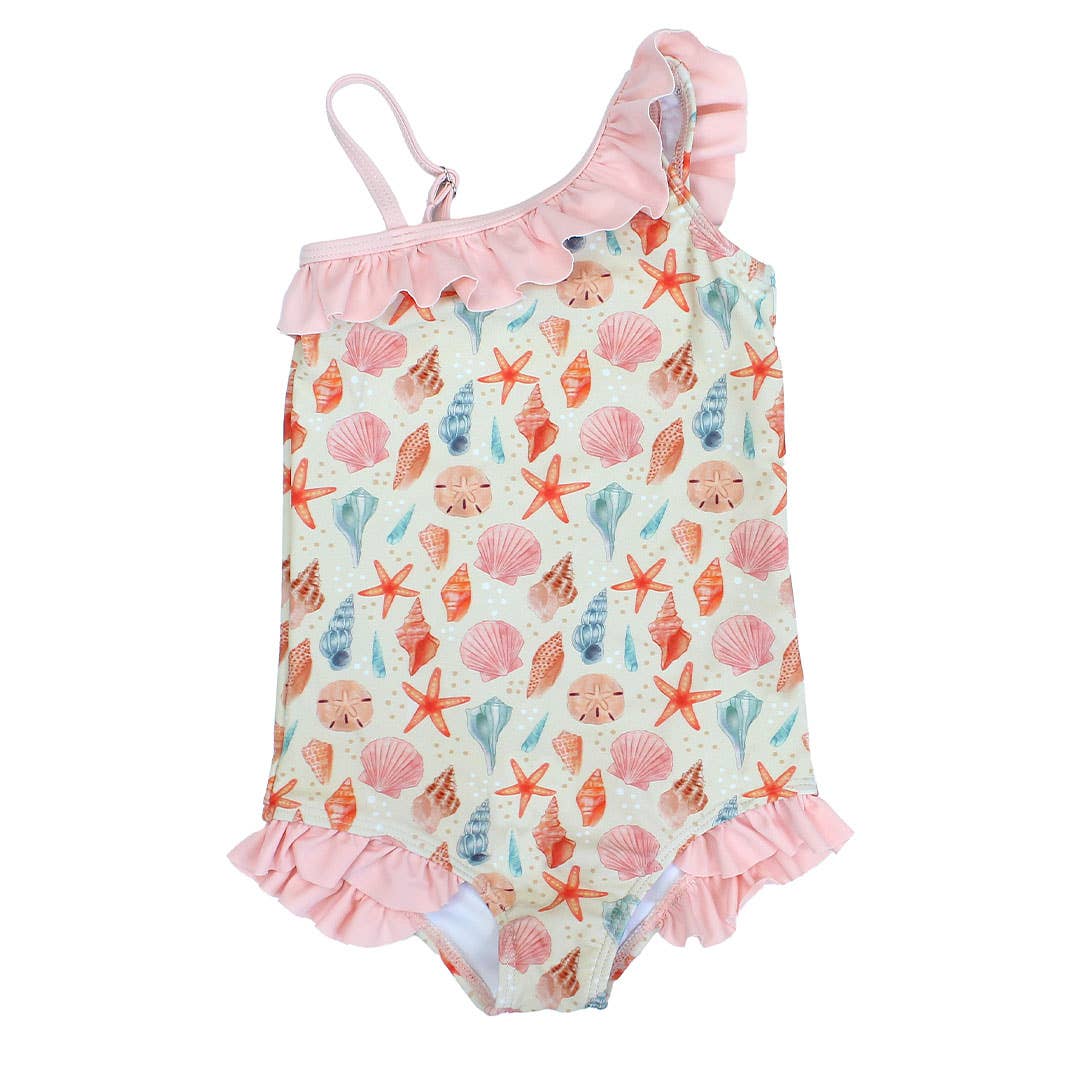 Sandy Seashells Beachy Girls Swimsuit One Piece Bathing Suit: Beige/Multi / 6-12M
