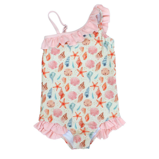 Sandy Seashells Beachy Girls Swimsuit One Piece Bathing Suit: Beige/Multi / 2/3T
