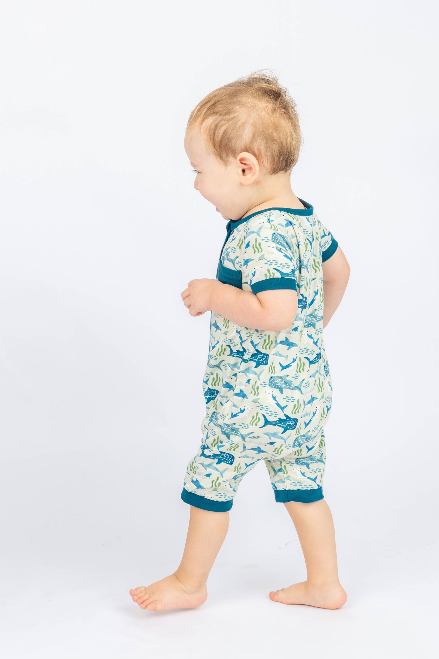 Shark Friends Bamboo Baby Shortie Romper Jumpsuit: Blue/Multi / 3-6M