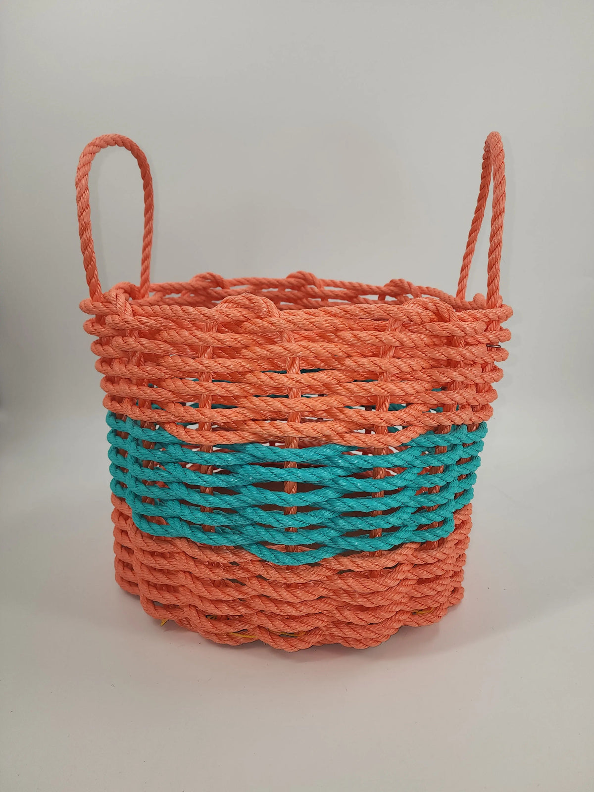 Authentic Maine Lobster Rope Storage Basket. Coral Orange and Teal