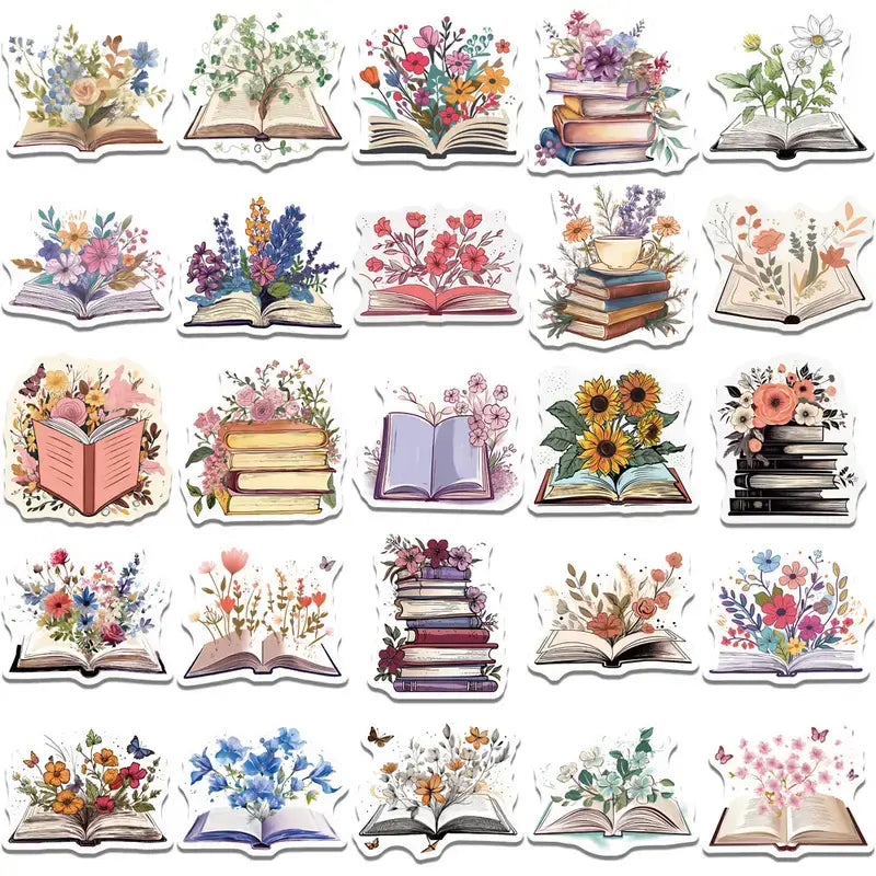 Whimsical Books and Flower Graffiti Stickers, Enchanting: 10 Stickers