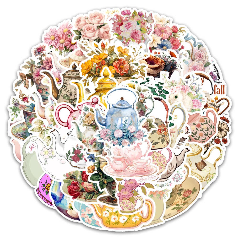 Vintage Floral Teapot & Teacup Stickers - Victorian Style: 10 Stickers