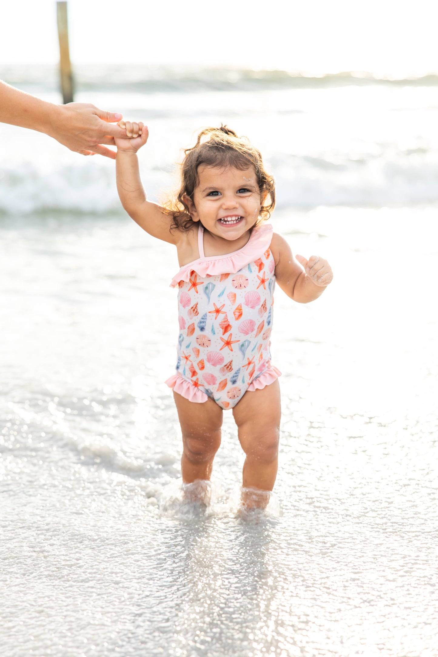 Sandy Seashells Beachy Girls Swimsuit One Piece Bathing Suit: Beige/Multi / 4/5T