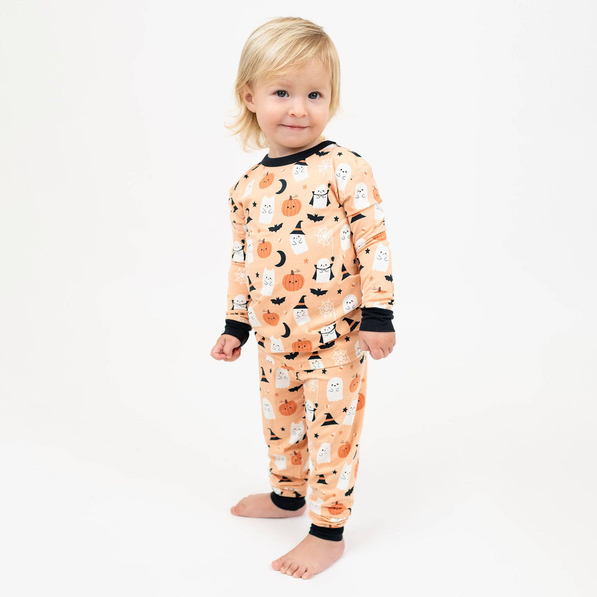 Boo-Tastic Glow-in-the-Dark Halloween Two-Piece Bamboo Long Sleeve Kids Pajama Pants Set: Orange/Multi / 3T