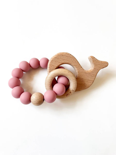 Whale Teether-Silicone and Beech Wood: Silver