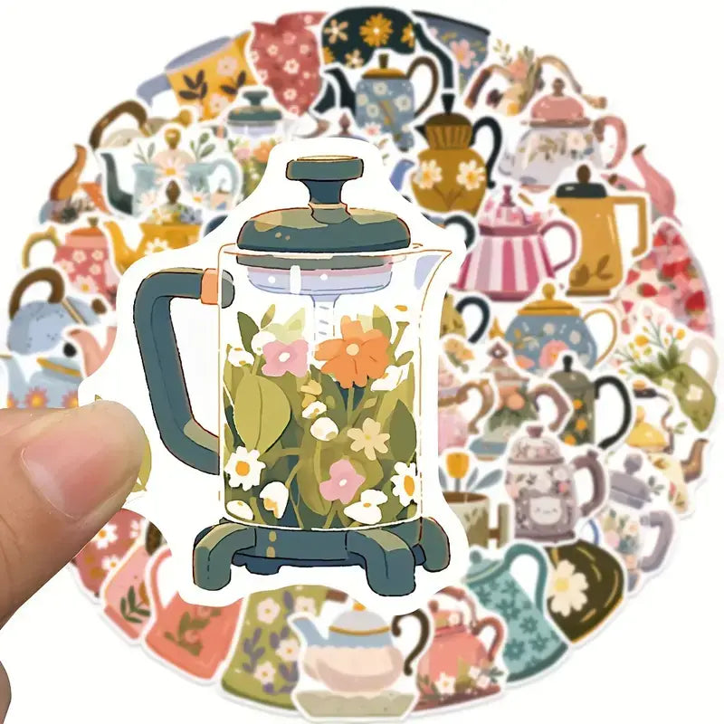 Vibrant Teapot Floral DIY Stickers - Waterproof Goodness!: 10 Stickers