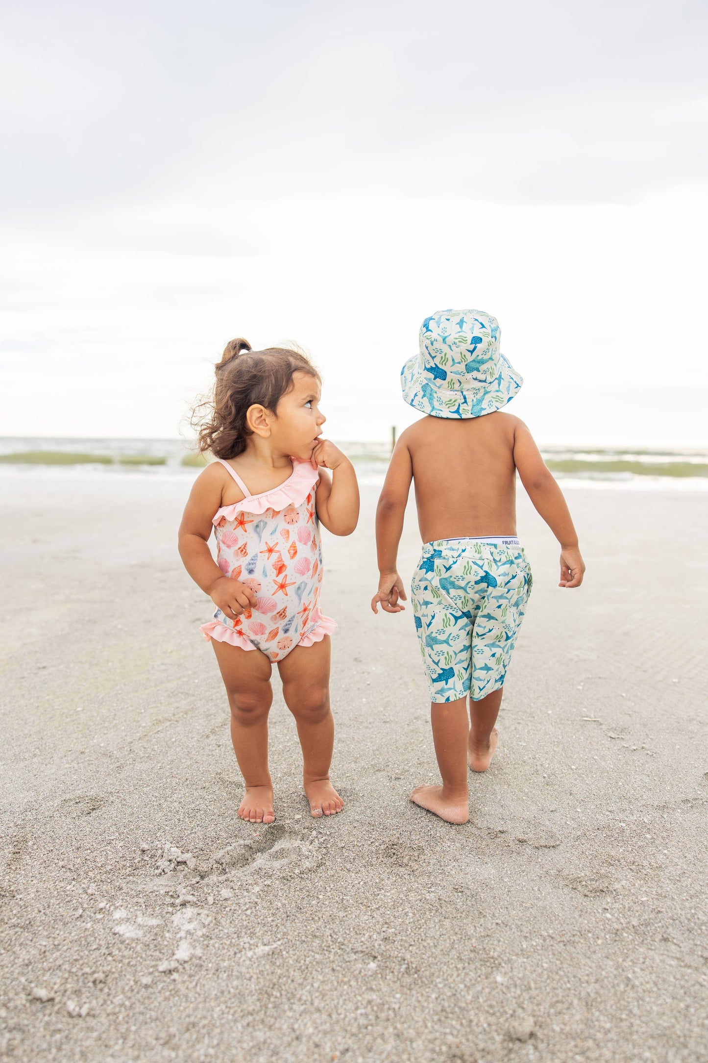 Sandy Seashells Beachy Girls Swimsuit One Piece Bathing Suit: Beige/Multi / 18-24M