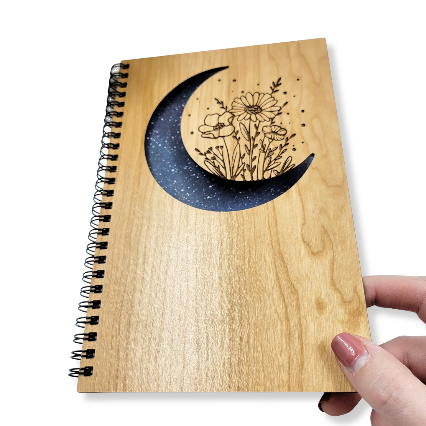 Floral moon wood journal - refillable notebook, stationery: Blank