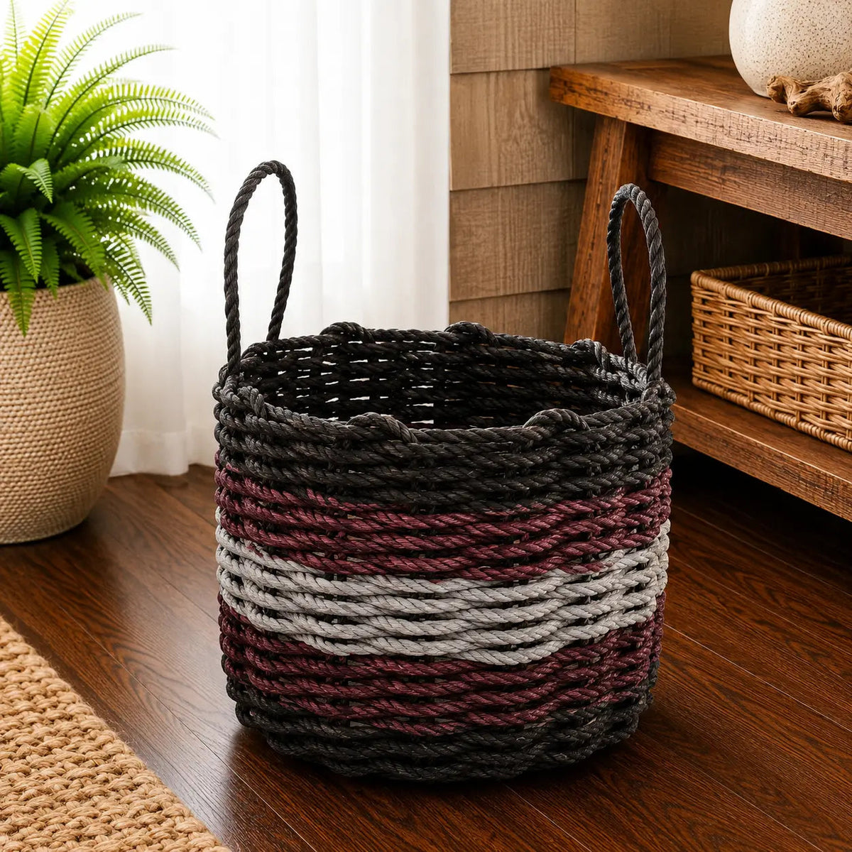 Five Stripe Rope Storage Basket Black, Burgundy, Gray