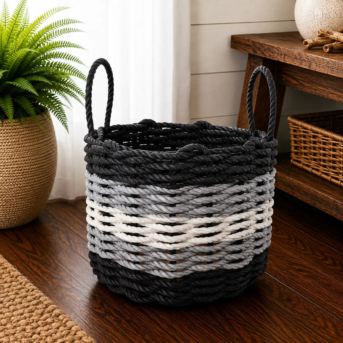 Five Stripe Rope Storage Basket Black, Gray and White