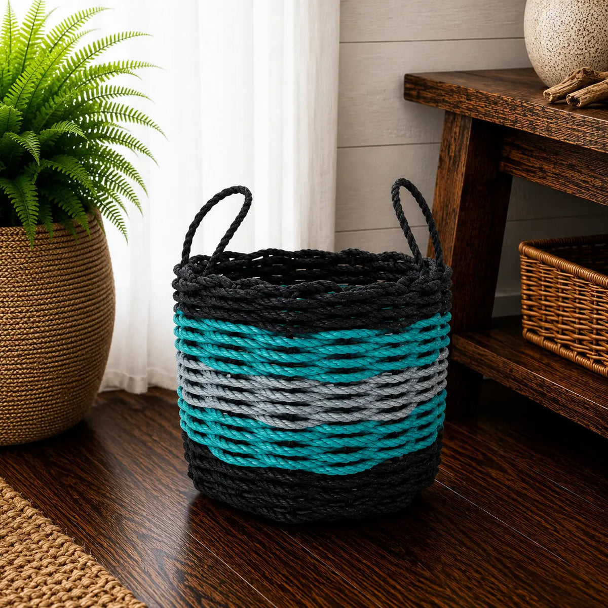 Five Stripe Rope Storage Basket Black, Teal & Gray