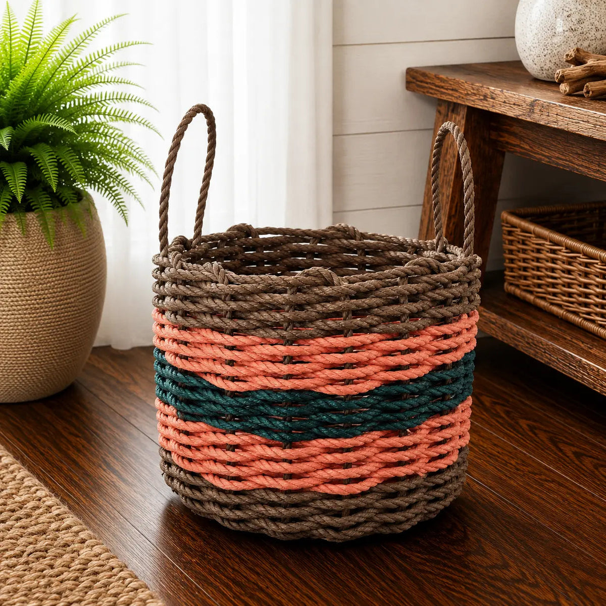 Five Stripe Rope Storage Basket Brown, Orange and Hunter Green