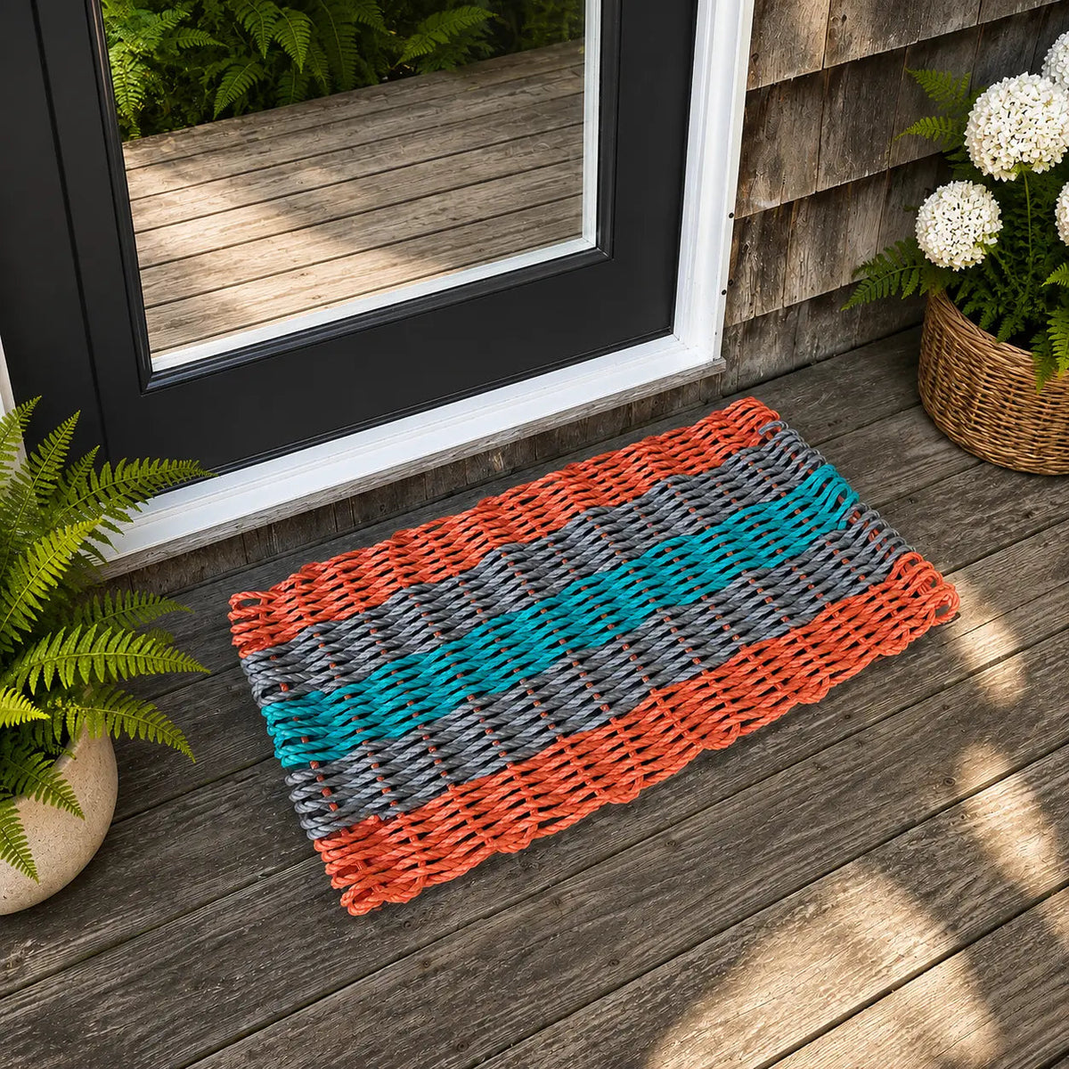 5 Stripe Mat Lobster Rope Mat Coral Orange, Light Gray and Teal
