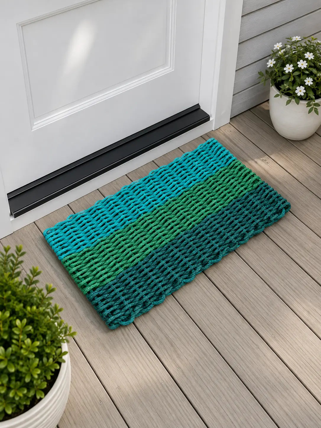 Green Ombre Rope Mat made with Lobster Rope, Hunter Green, Green, Teal