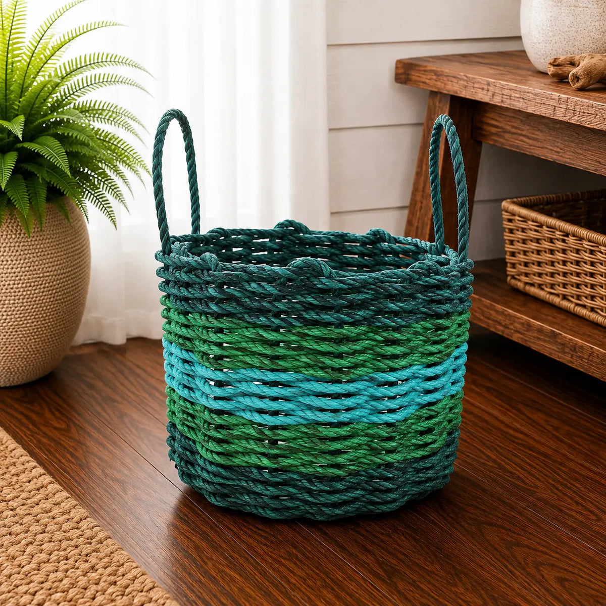 Five Stripe Rope Storage Basket Hunter Green, Green, Teal