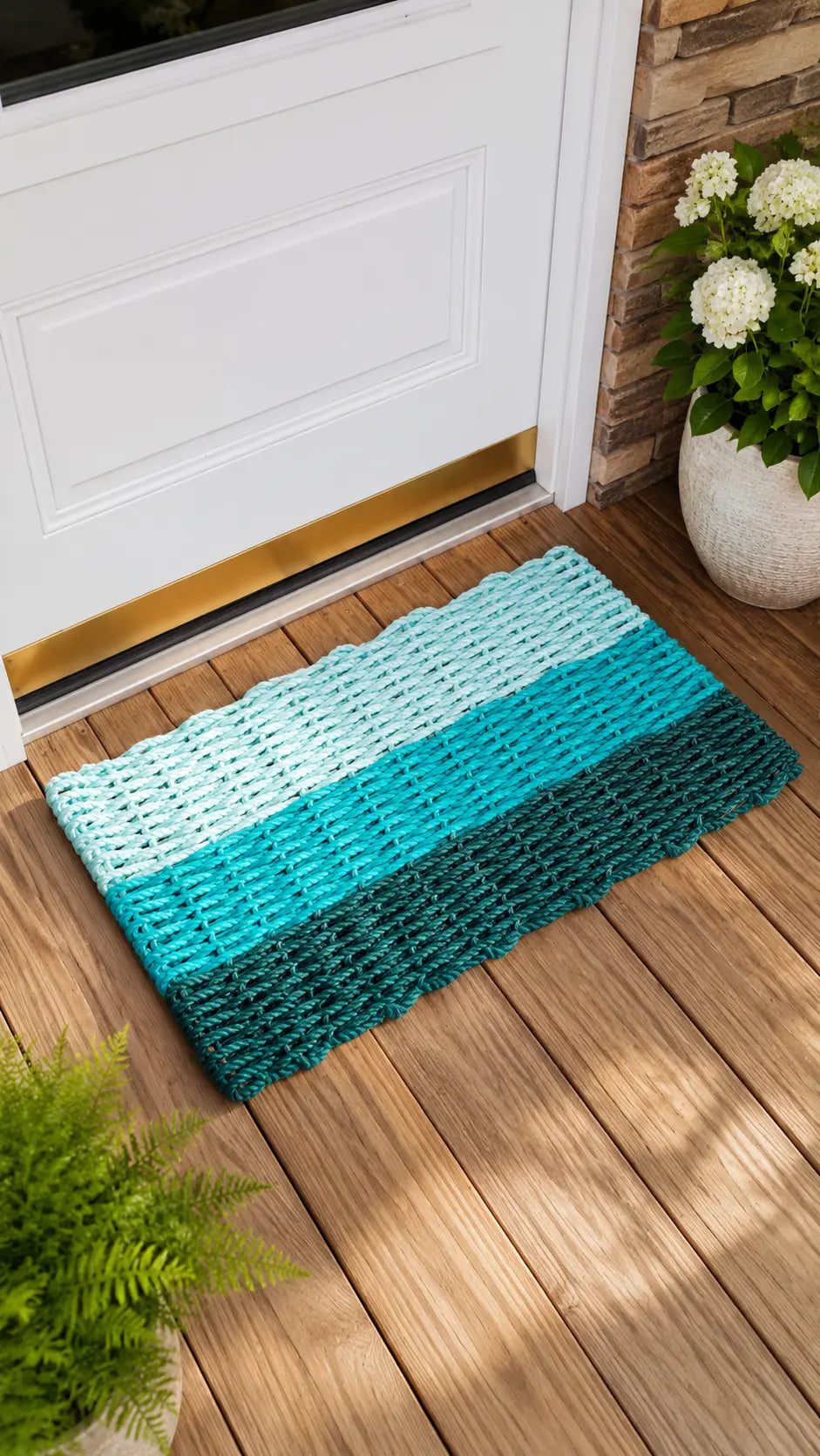 Ombre Rope Mat made with Lobster Rope, Hunter Green, Teal, Seafoam