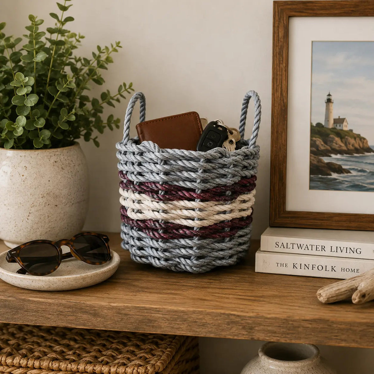 Lobster Rope Basket Light Gray and Light Tan, Burgundy Accents