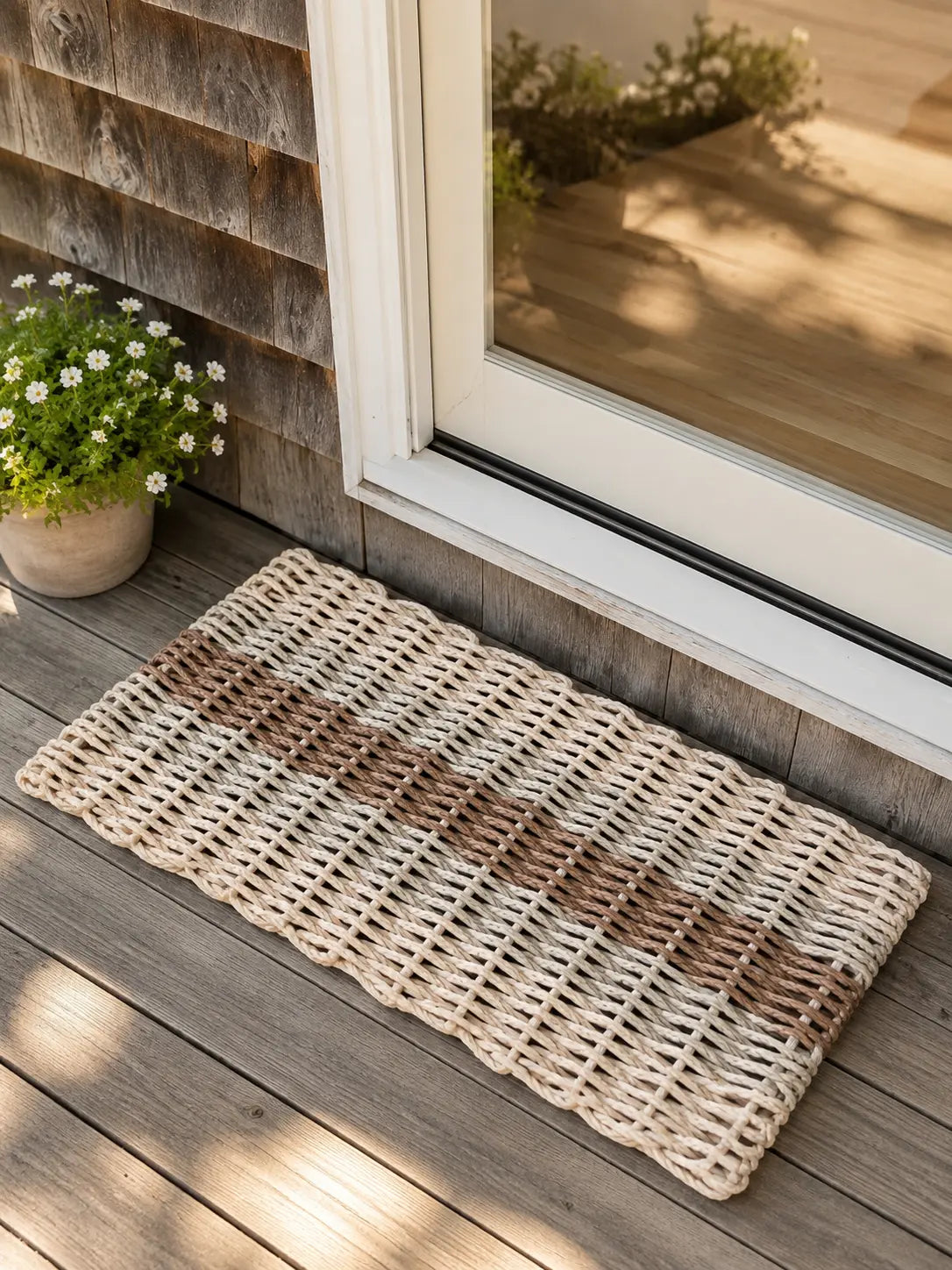 5 Stripe Lobster Rope Mat Light Tan/Cream, Tan, Brown