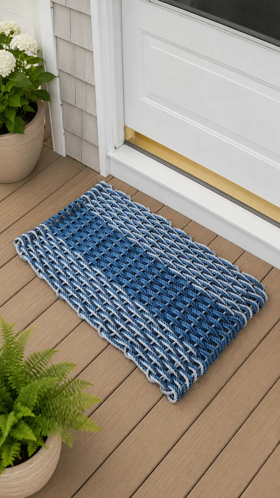 Large Navy Blue and Light Gray Lobster Rope Mat made with Lobster Rope, Double Weave, Vibrant, Long Lasting Durable