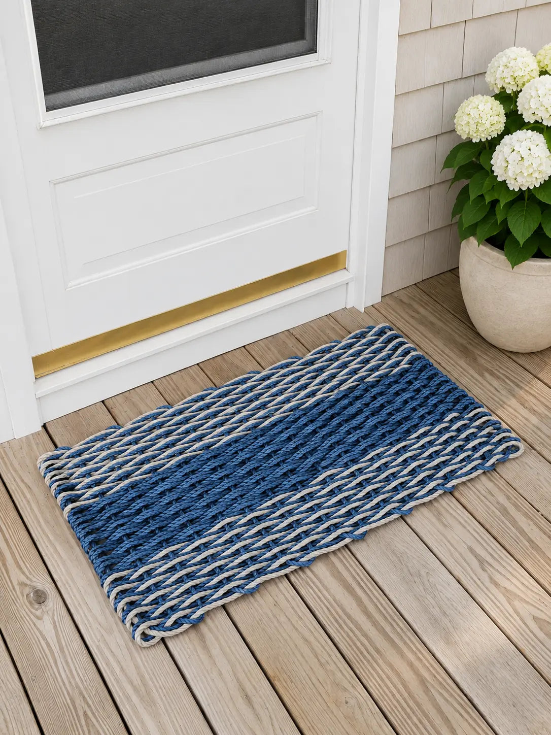 Large Navy Blue and Tan Lobster Rope Mat made with Lobster Rope, Double Weave, Vibrant, Long Lasting Durable