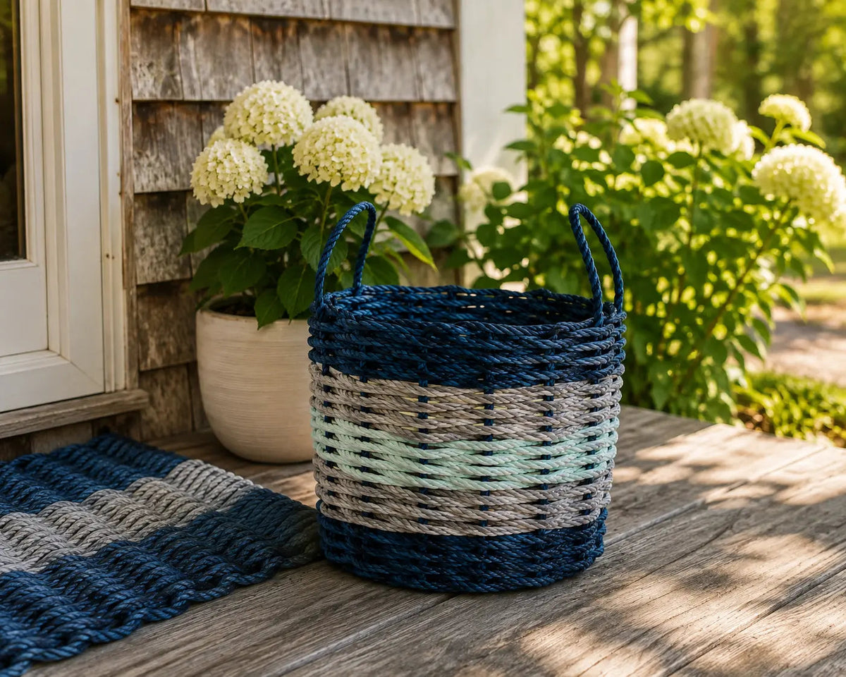 Five Stripe Rope Storage Basket Navy Blue, Light Gray, Seafoam