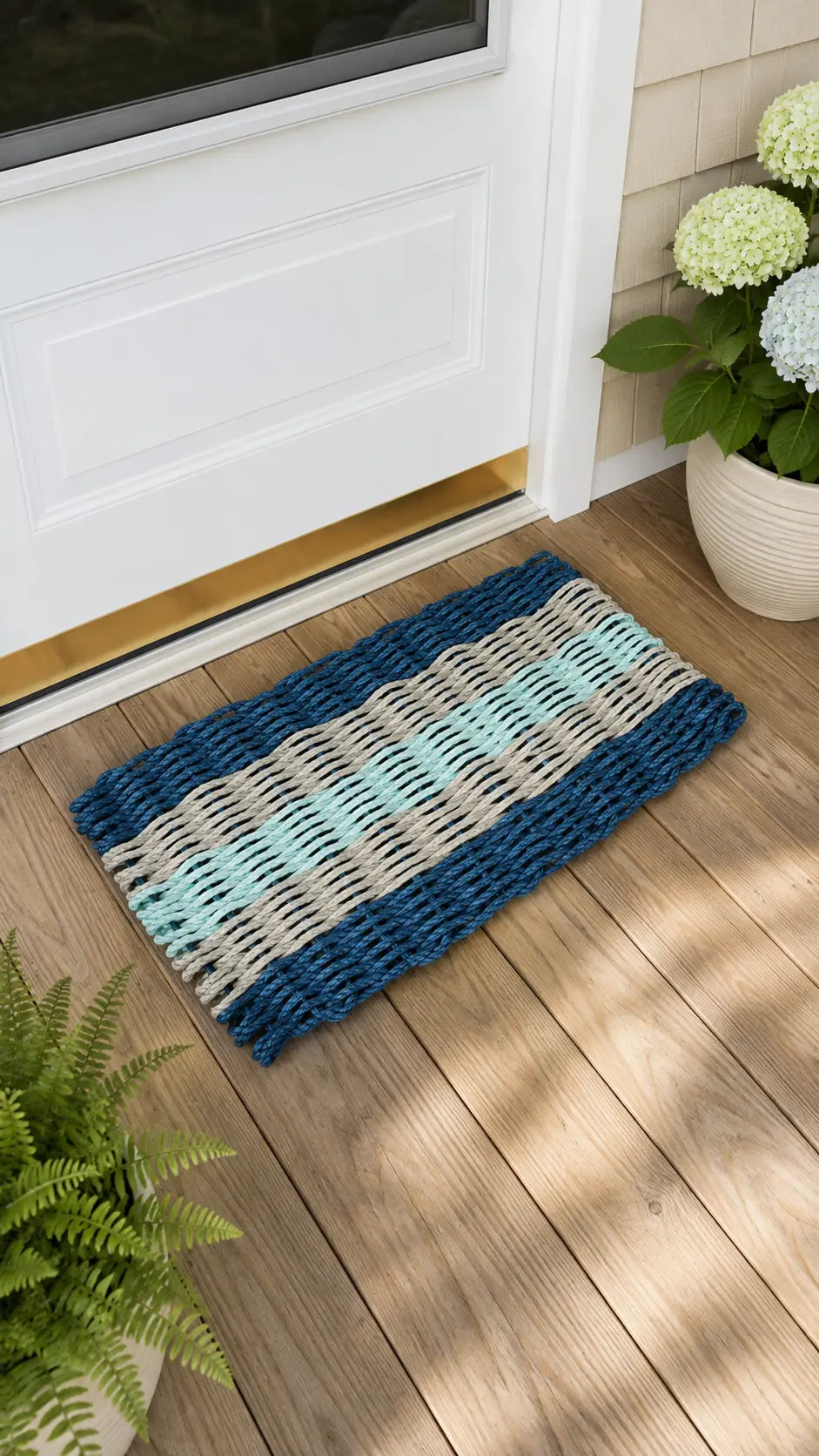 Five Stripe Rope Mat made with Lobster Rope Navy, Tan and Seafoam