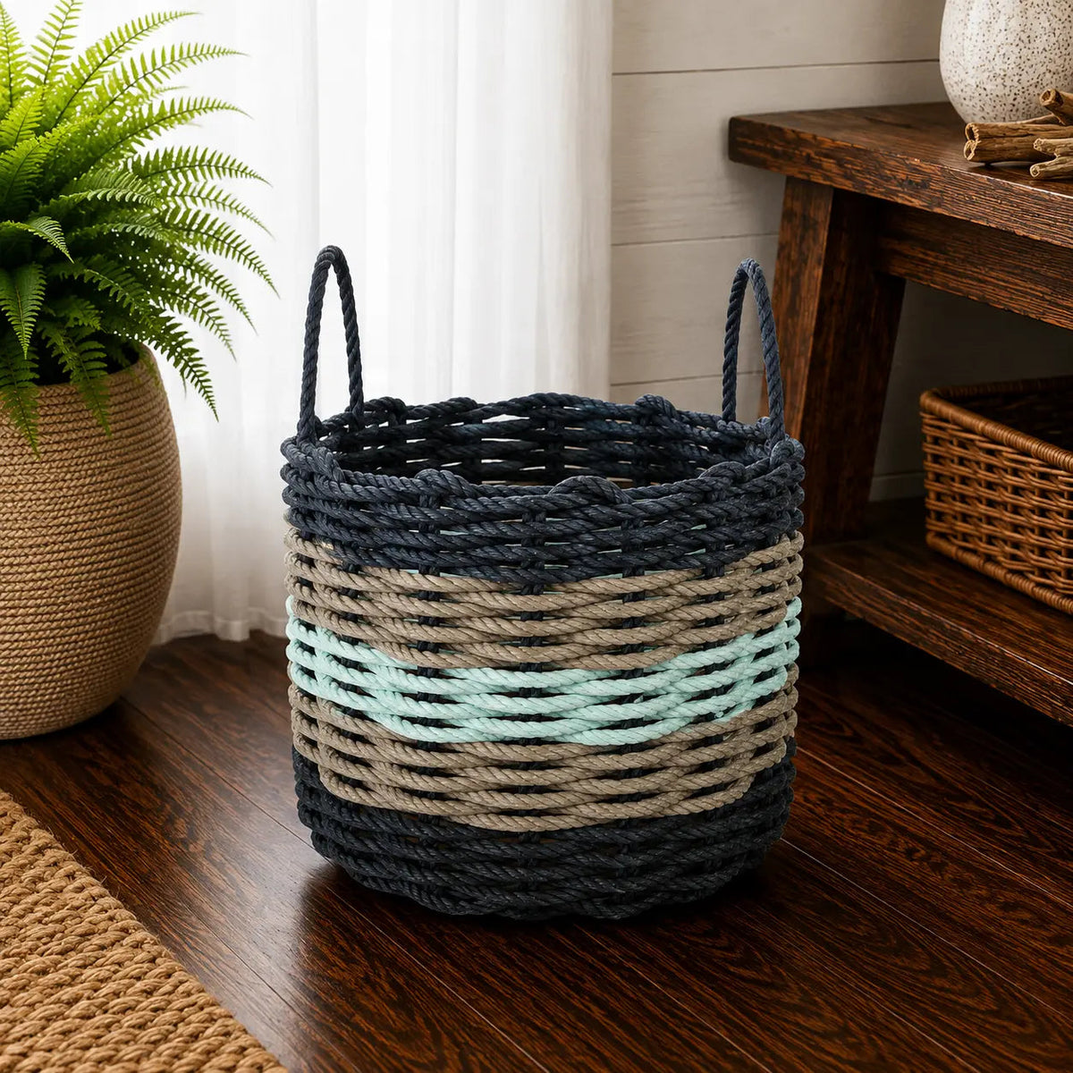 Five Stripe Rope Storage Basket Navy, Tan and Seafoam
