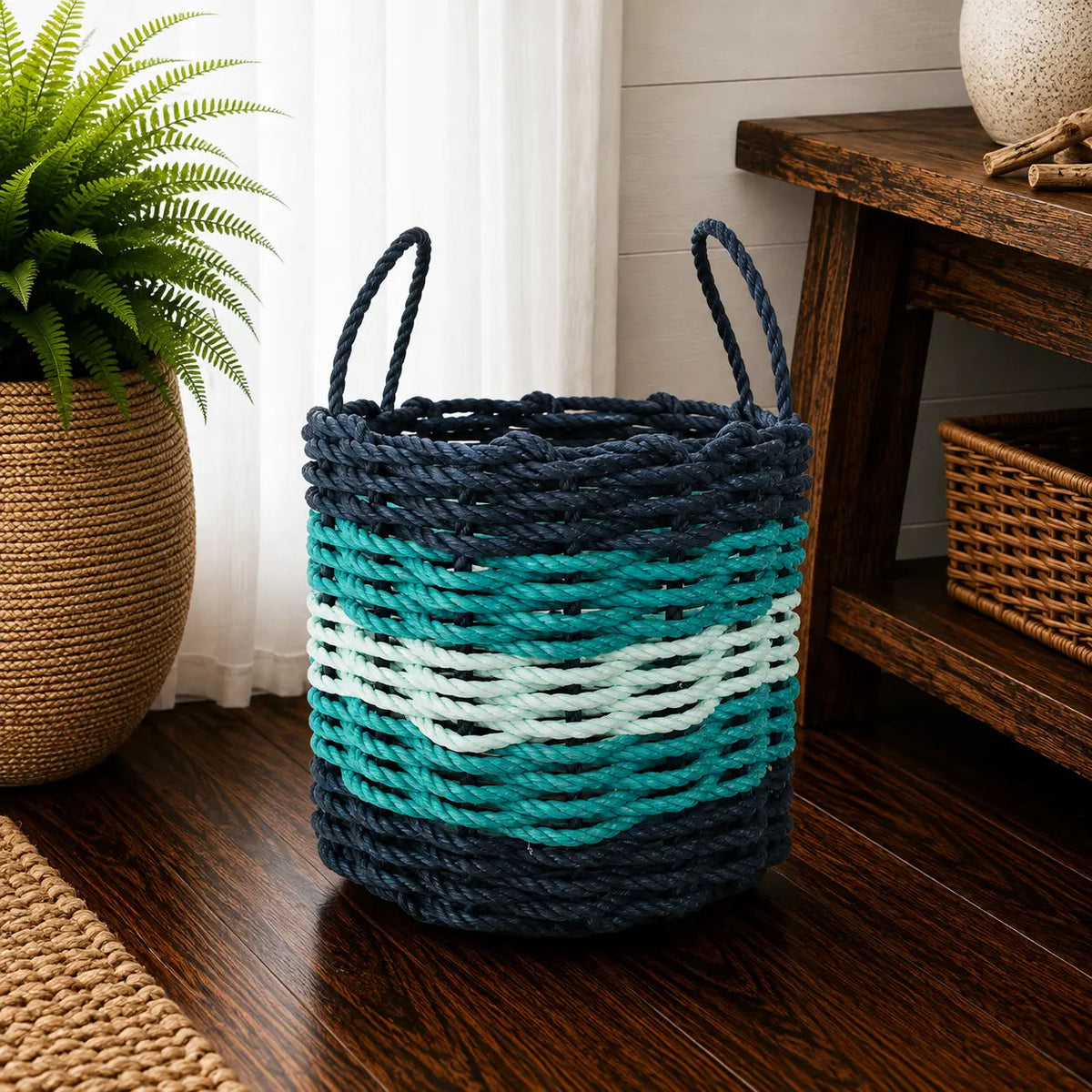 Five Stripe Rope Storage Basket Navy Blue, Teal & Seafoam