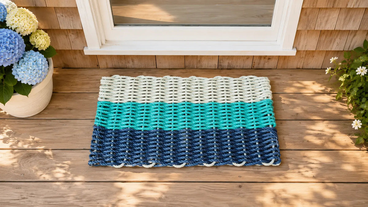 Ombre Rope Mat made with Lobster Rope, Navy Blue, Teal, Seafoam
