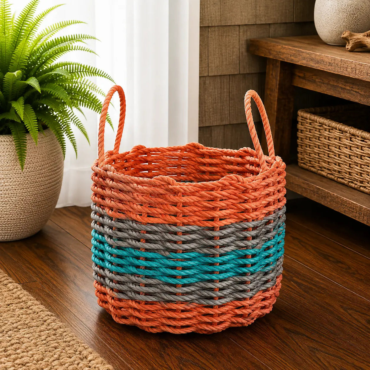 Five Stripe Rope Storage Basket Orange, Gray and Teal