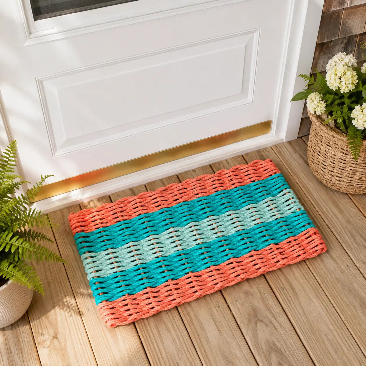 5 Stripe Lobster Rope Mat Orange Teal and Seafoam