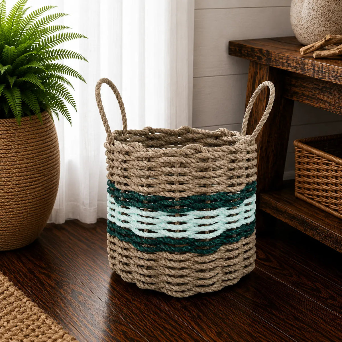 Lobster Rope Basket Tan and Seafoam, Hunter Green Accents