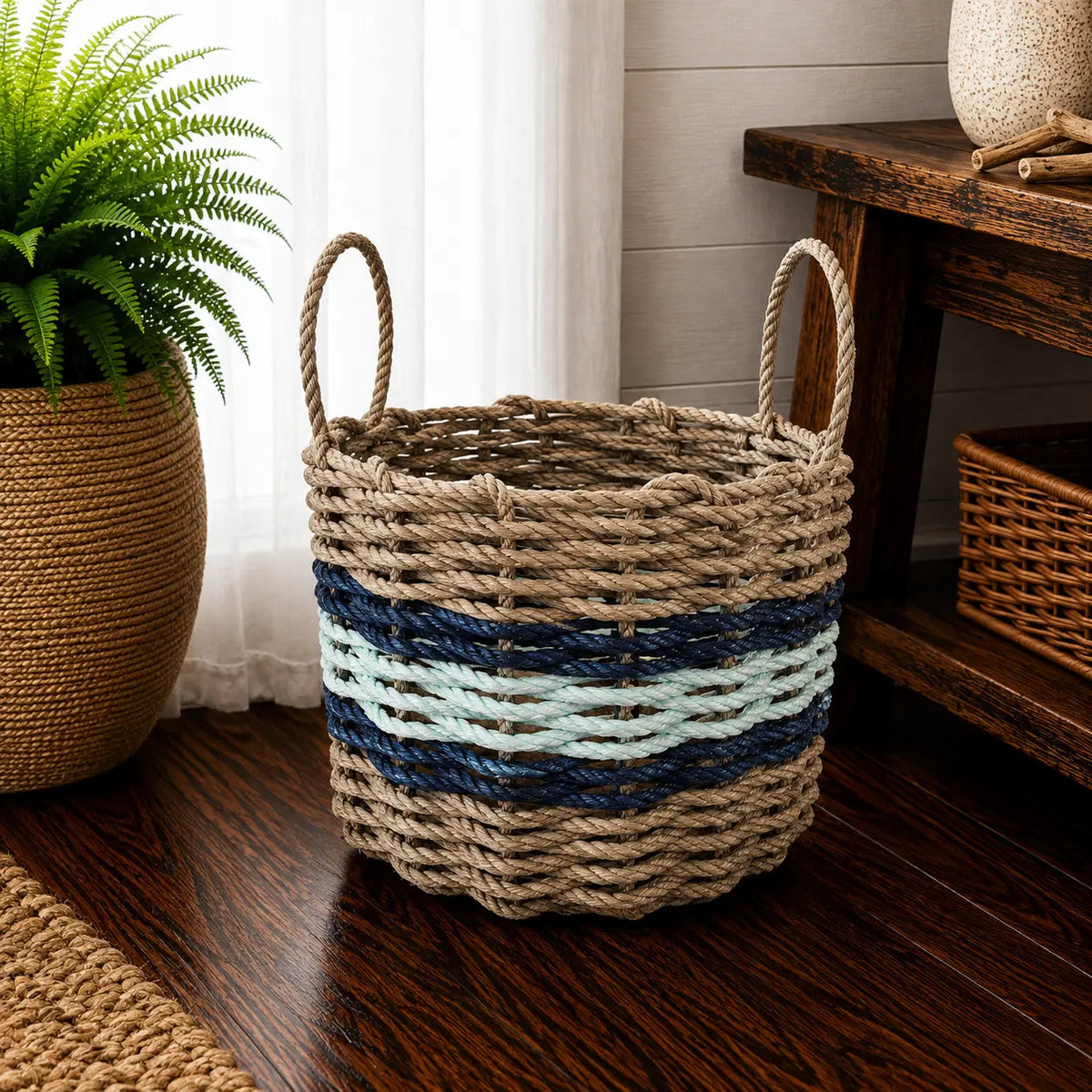 Lobster Rope Basket Tan and Seafoam, Navy Accents