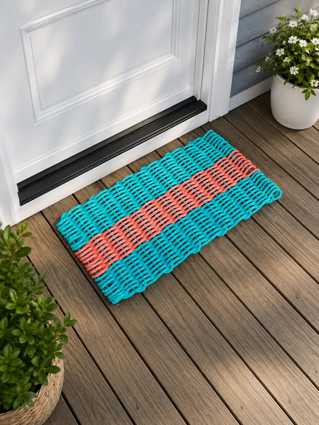 Lobster Rope Mat, Teal and Coral Orange