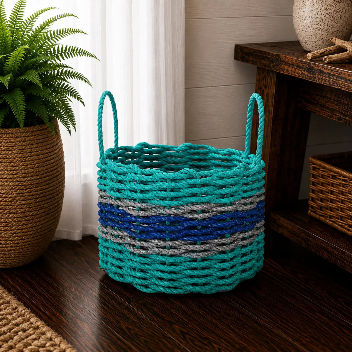 Authentic Maine Lobster Rope Storage Basket Teal and Blue with Light Gray Accents