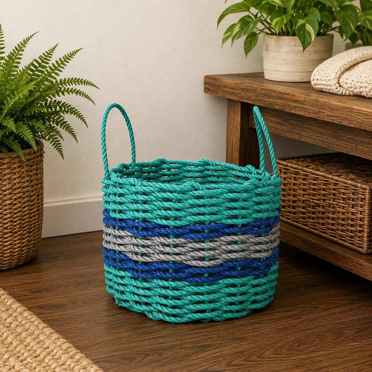 Authentic Maine Lobster Rope Storage Basket Teal and Light Gray with Blue Accents