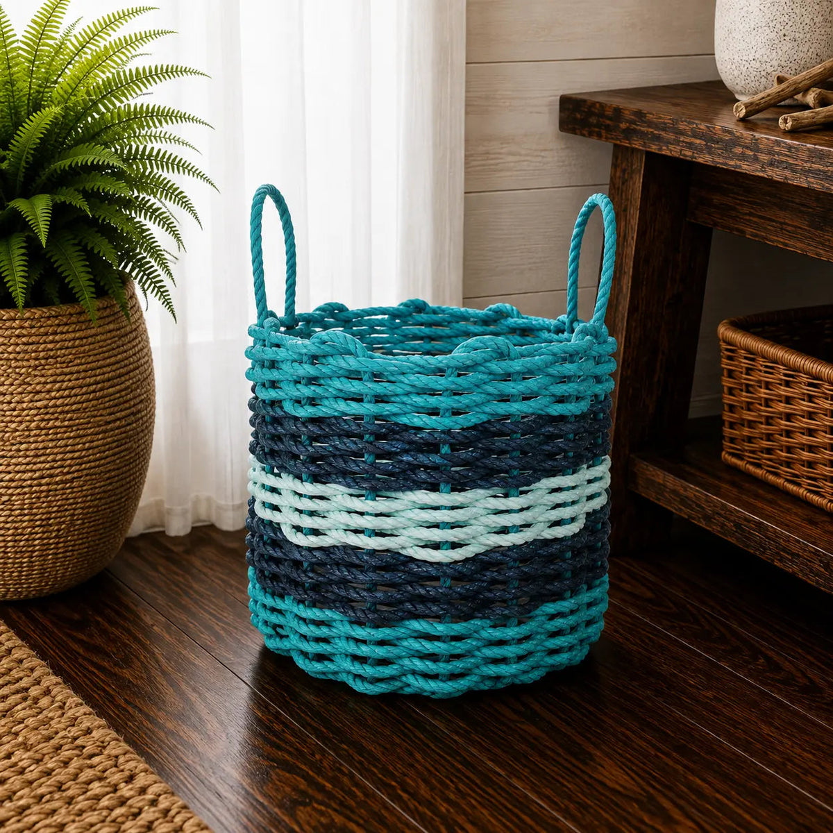 Five Stripe Rope Storage Basket Teal, Navy Blue & Seafoam