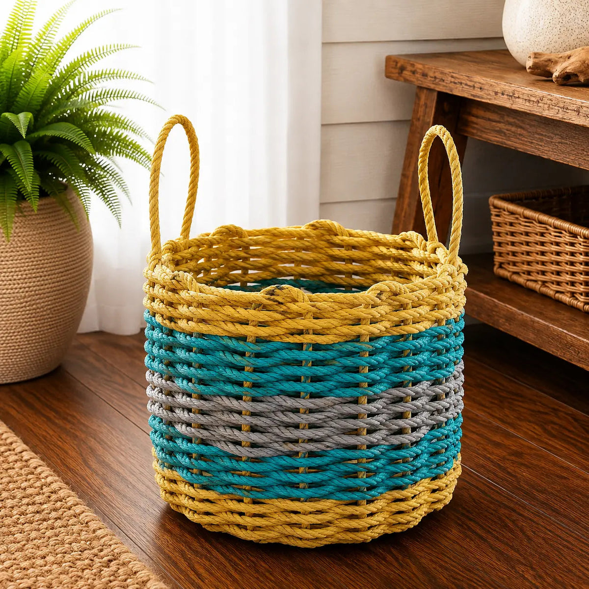 Five Stripe Rope Storage Basket Yellow, Teal & Gray