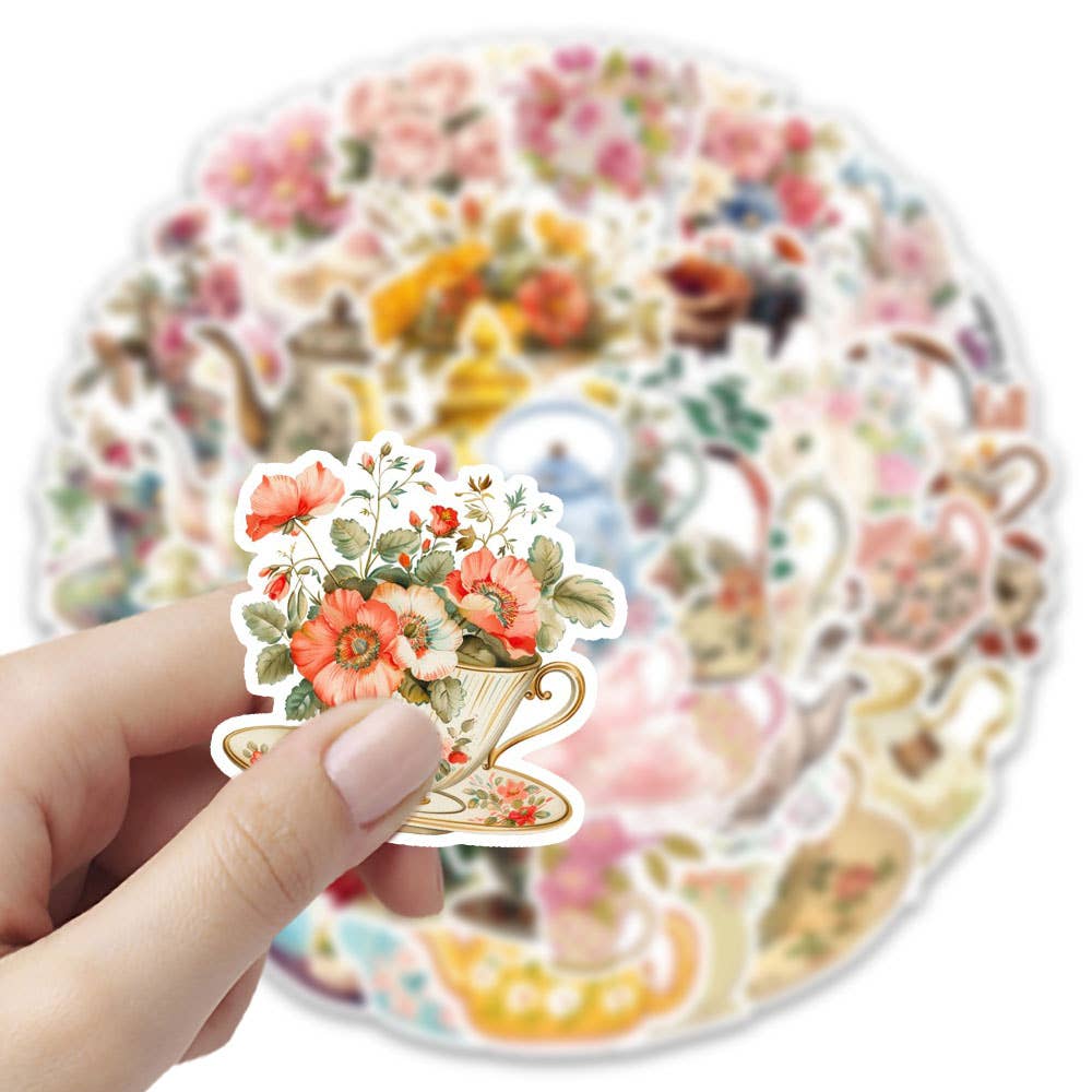 Vintage Floral Teapot & Teacup Stickers - Victorian Style: 10 Stickers