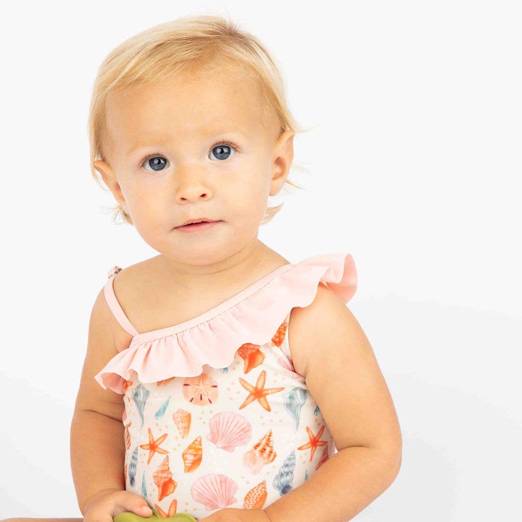 Sandy Seashells Beachy Girls Swimsuit One Piece Bathing Suit: Beige/Multi / 18-24M