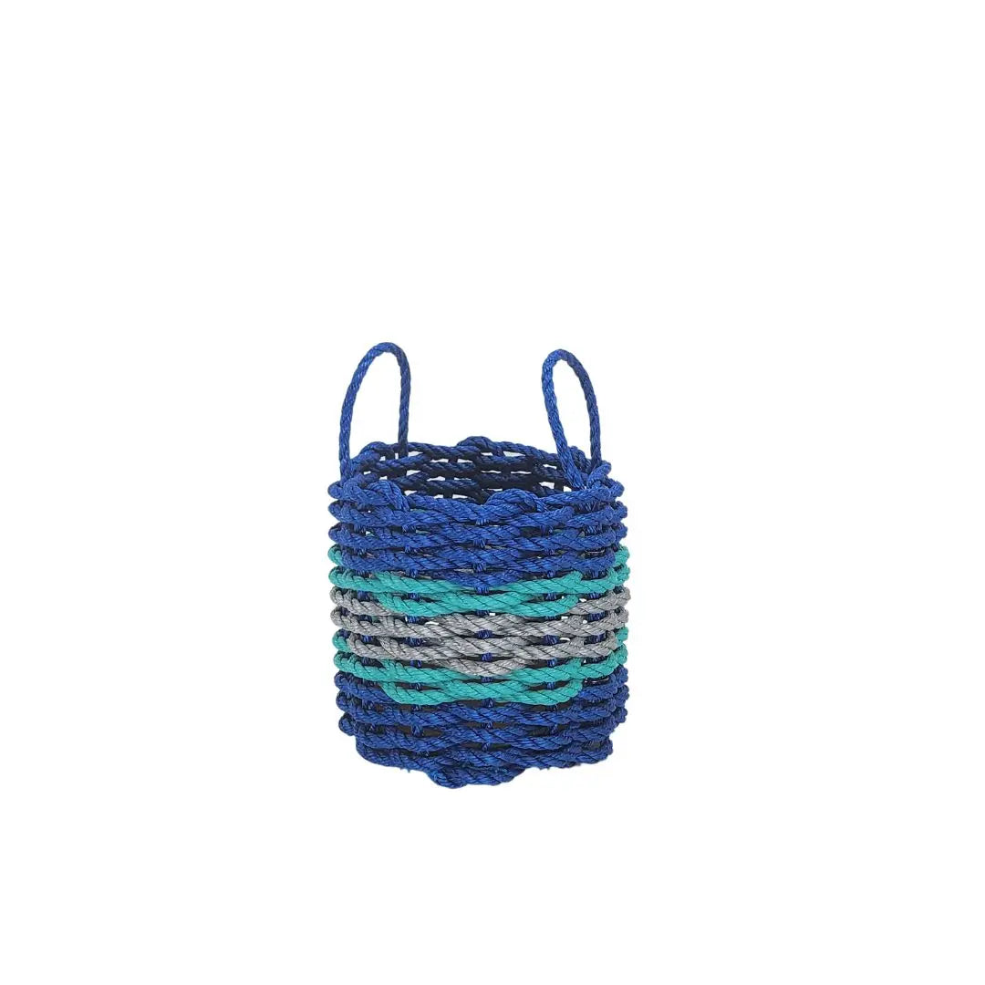 Authentic Maine Lobster Rope Storage Basket Blue and Light Gray with Teal Accents