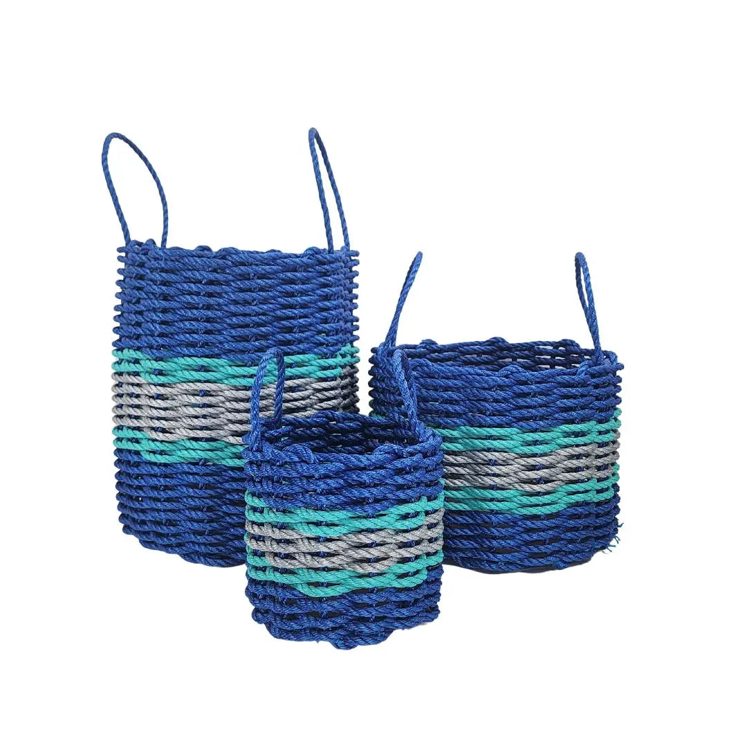 Authentic Maine Lobster Rope Storage Basket Blue and Light Gray with Teal Accents