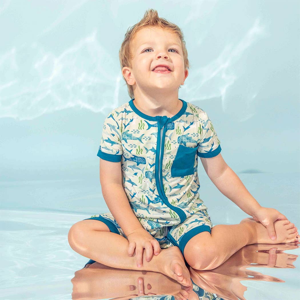 Shark Friends Bamboo Baby Shortie Romper Jumpsuit: Blue/Multi / 18-24M