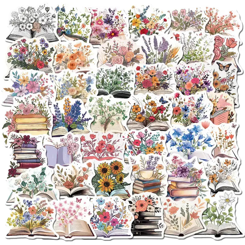 Whimsical Books and Flower Graffiti Stickers, Enchanting: 10 Stickers