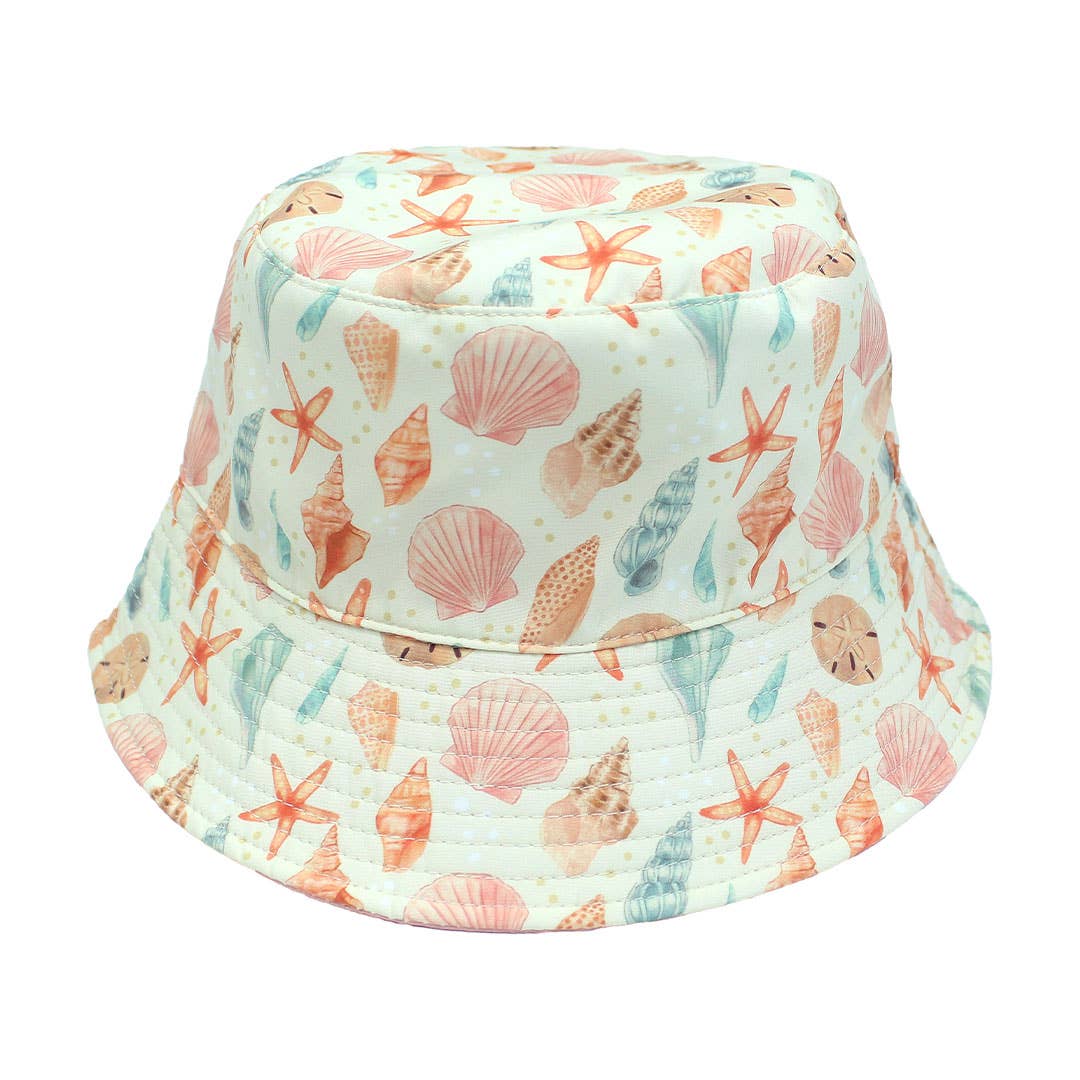 Sandy Seashells Pink Reversible Beach Baby Bucket Hat: Beige/Multi / Kids