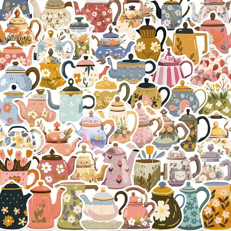 Vibrant Teapot Floral DIY Stickers - Waterproof Goodness!: 10 Stickers